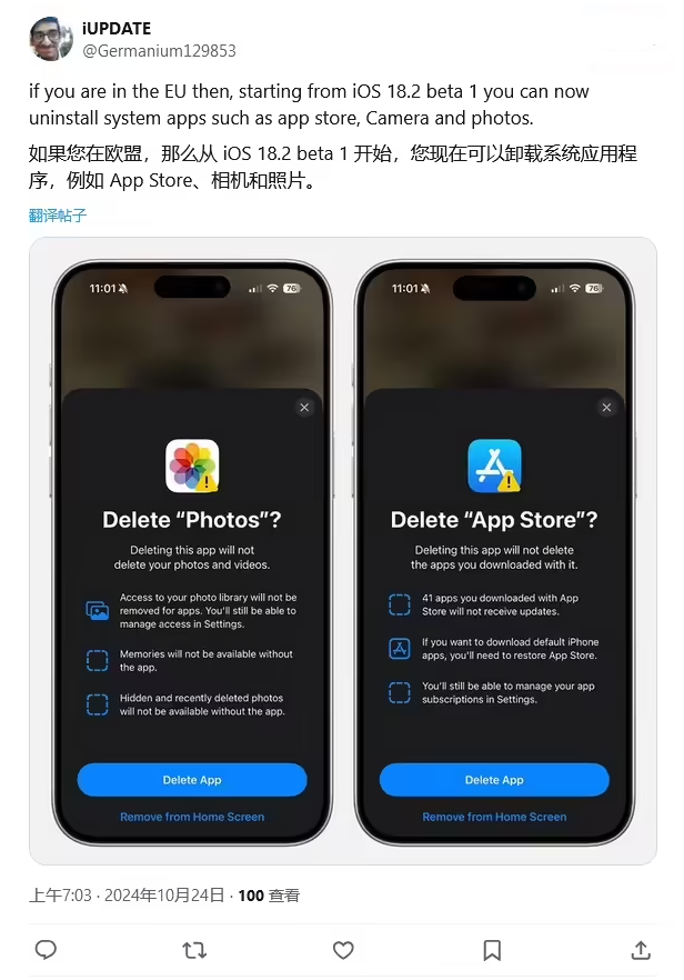 荆州苹果手机维修分享iOS 18.2 支持删除 App Store 应用商店 