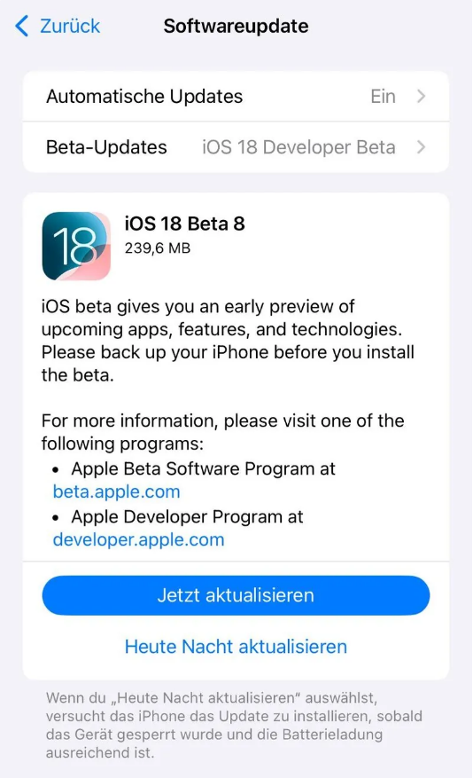 荆州苹果手机维修分享苹果 iOS / iPadOS 18 开发者预览版 Beta 8 发布 